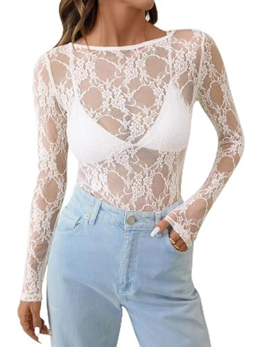 KTILG White Lace Top Mesh Long Sleeve Tops for Women Cute Sheer See Through Top Western Outfit for Women White Star Floral XL | Amazon (US)