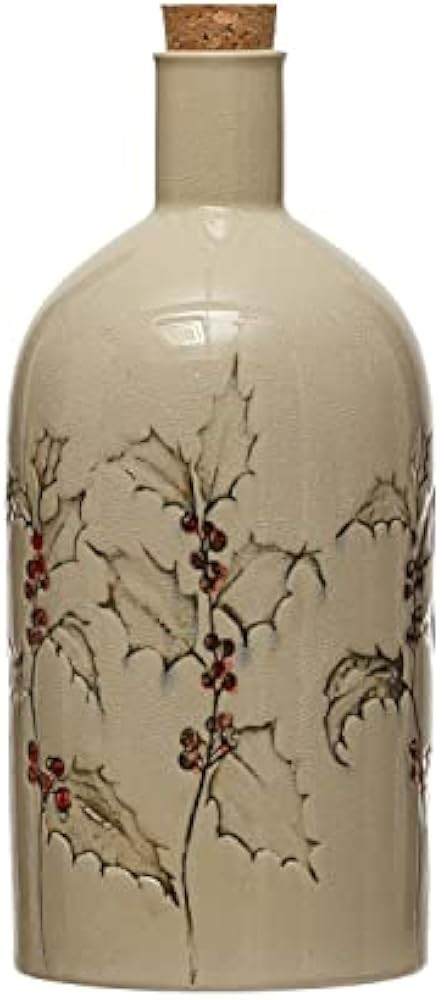 Creative Co-Op Debossed Stoneware Bottle with Holly and Cork Stopper, Reactive Crackle Glaze, Multic | Amazon (US)