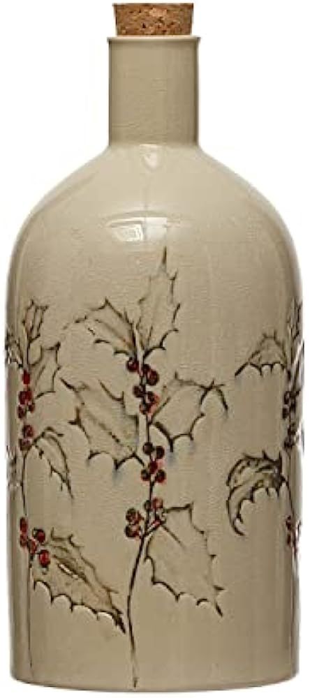 Creative Co-Op Debossed Stoneware Bottle with Holly and Cork Stopper, Reactive Crackle Glaze, Multic | Amazon (US)