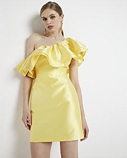 Yellow frill asymmetric bodycon mini dress | River Island (UK & IE)