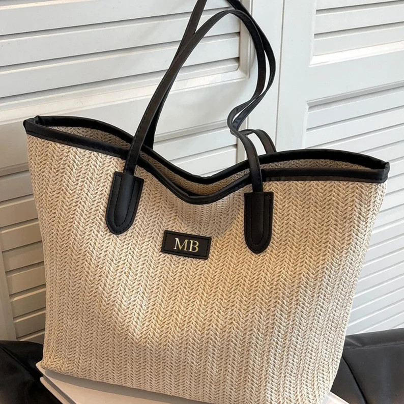 Personalised Straw & Faux Leather Tote Beach Bag Initial Hand Luggage Airplane Work Bag Shoulder ... | Etsy (US)