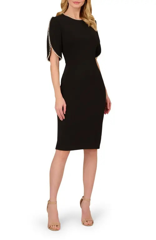 Adrianna Papell Imitation Pearl Detail Crepe Sheath Dress in Black at Nordstrom, Size 4 | Nordstrom