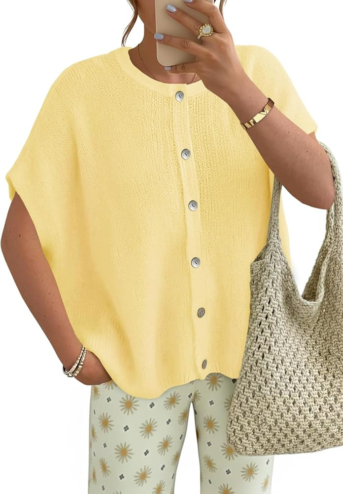 Saodimallsu Womens Oversized Cardigans Summer Short Sleeve Lightweight Knit Button Down Crew Neck... | Amazon (US)