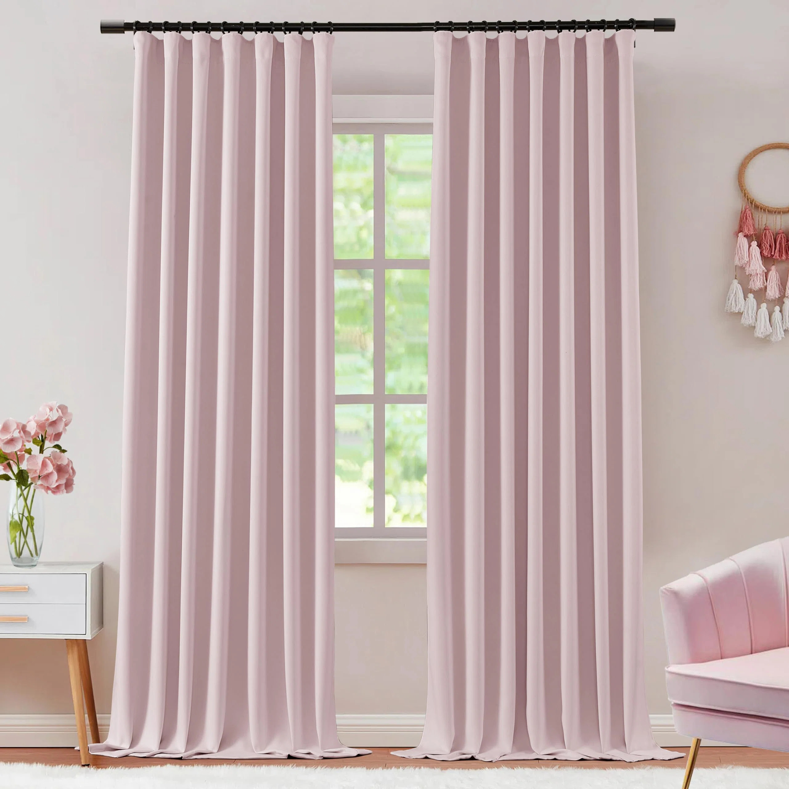 Hokku Designs Pink Nursery Curtains 2 Panels 100% Blackout For Baby Room,Back Tab Pleated Boho Li... | Wayfair North America