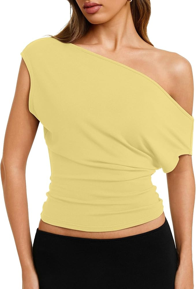 REORIA Womens Cinched Waist Off The Shoulder Tops Cap Sleeve Tee Shirts Casual Loose Summer Outfi... | Amazon (US)