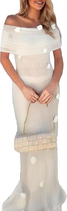 Women Crochet Knit Cover Ups 2025 3D Floral Mesh Dresses Off The Shoulder Ruched Knitted Dres Sli... | Amazon (US)