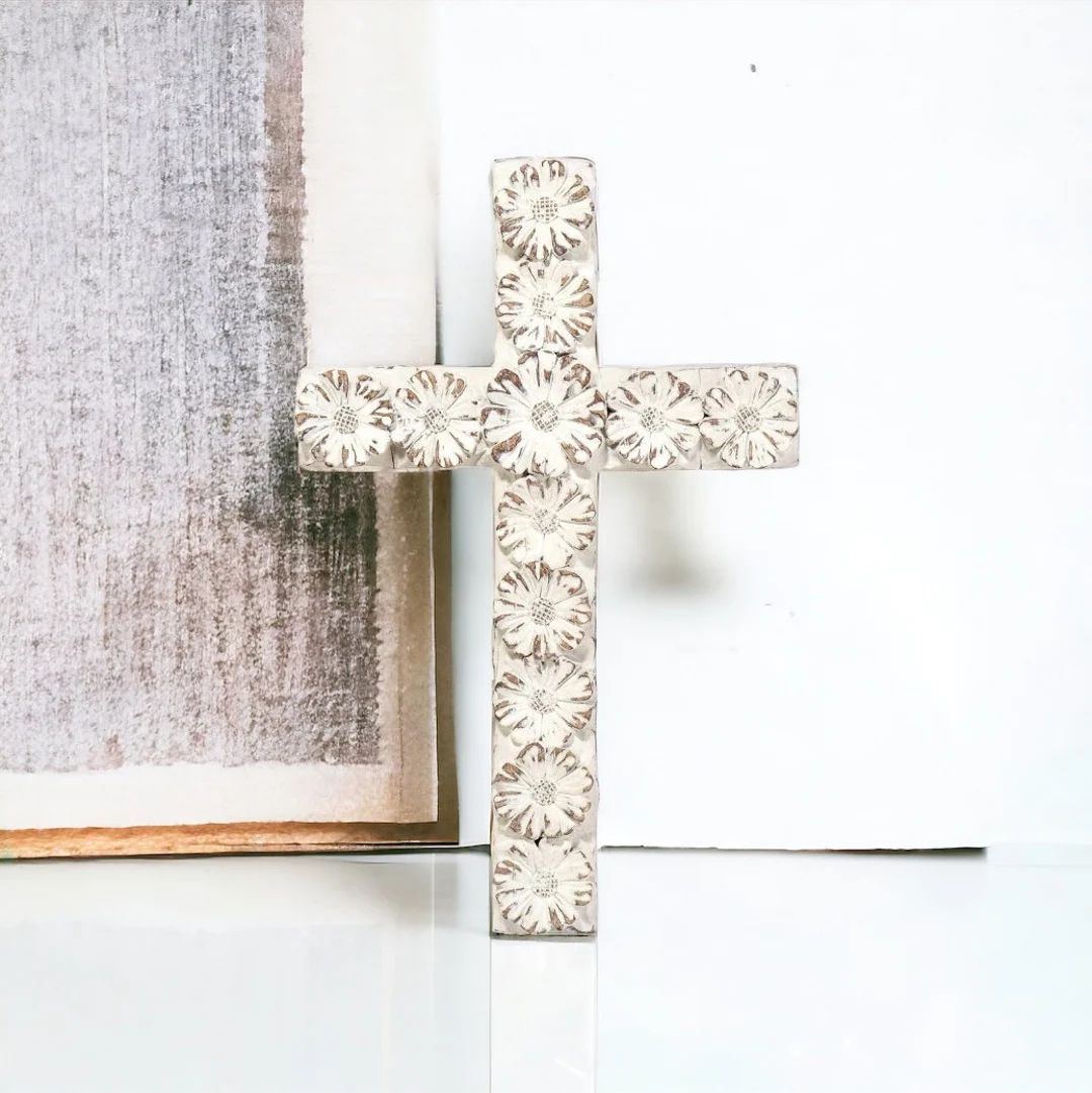 Flower Wall Cross Whitewash, Catholic Decor, White Wall Cross, Floral Wall Cross, Rustic Wall Cro... | Etsy (US)