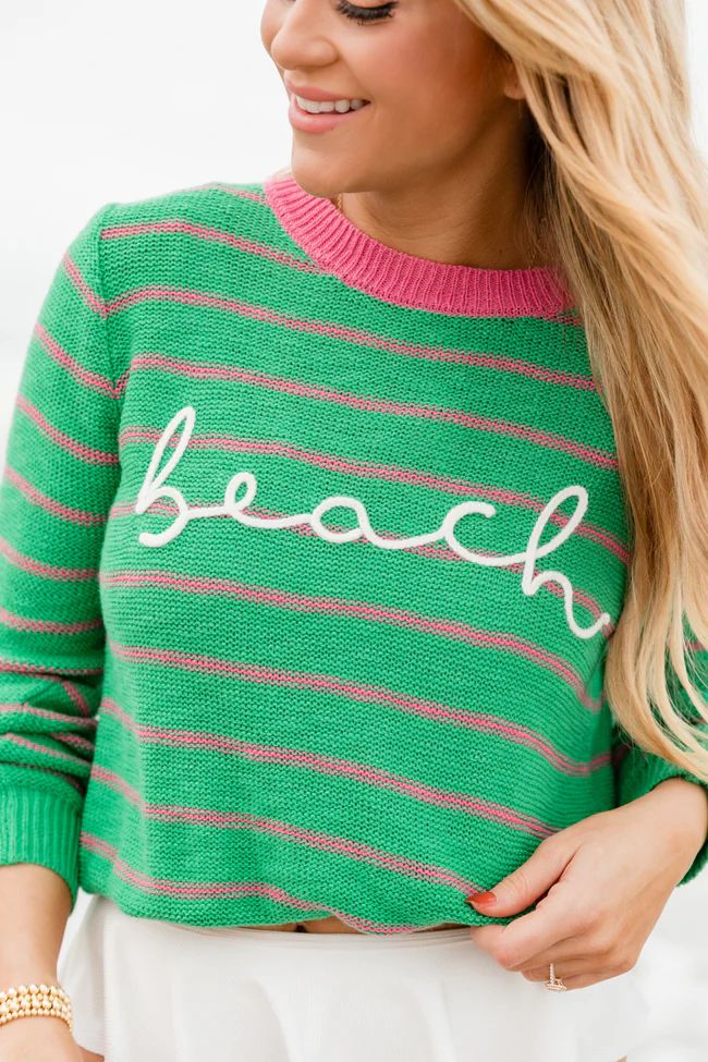 Off To The Beach Green and Pink Beach Bum Script Striped Sweater SALE | Pink Lily