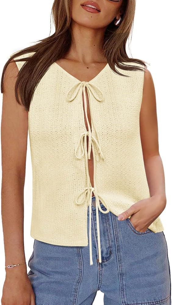 Yousify Women\u2019s Tie Front Sweater Vest 2025 Sleeveless Crochet Knit Summer Y2K Going Out Top... | Amazon (US)