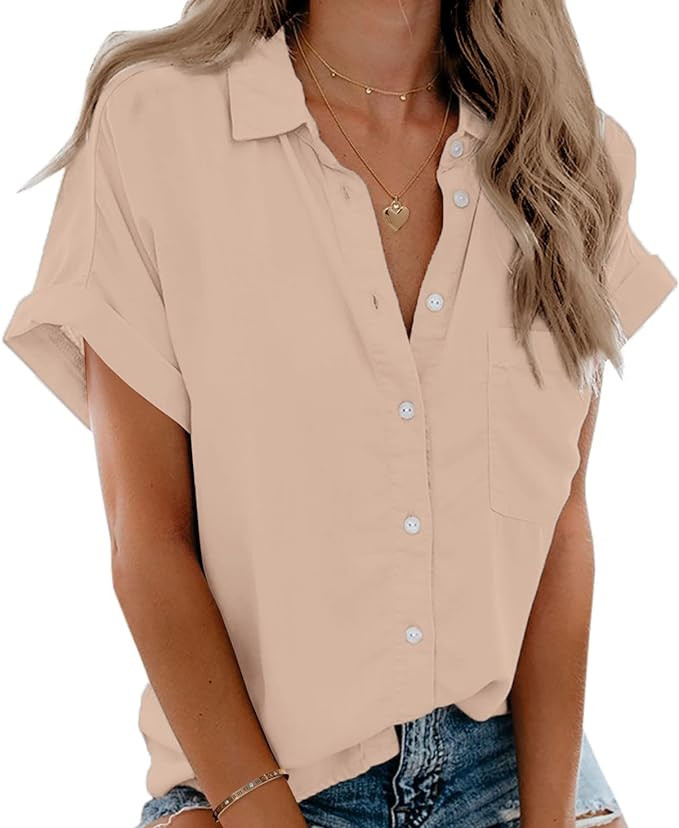 Beautife Womens Short Sleeve Shirts V Neck Collared Button Down Shirt Tops with Pockets | Amazon (US)