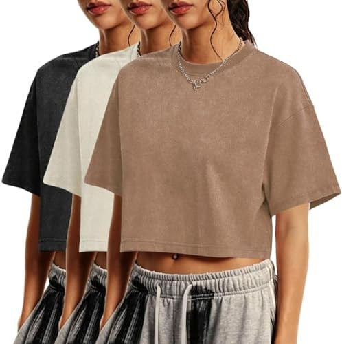 Womens Cropped Tops Acid Wash Short Sleeve T-Shirt Baggy Cotton Tee Vintage Round Neck Basic Tees... | Amazon (US)