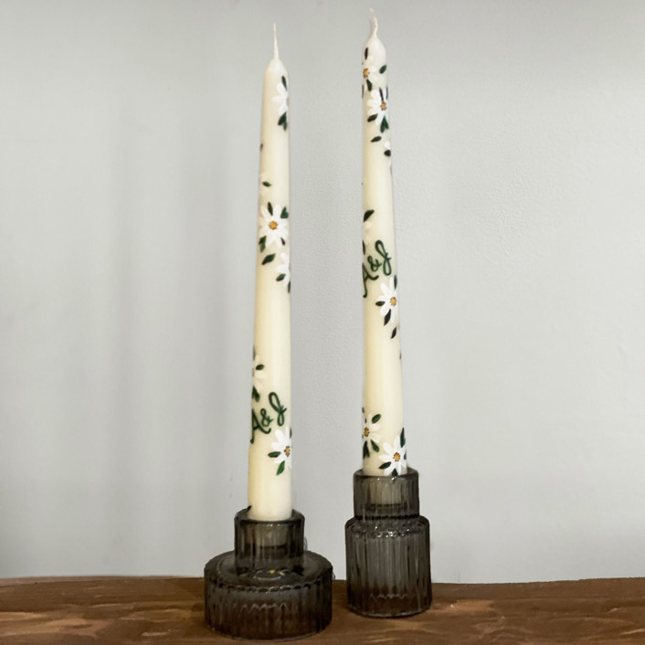 Monogrammed Ivory With Greenery And White Floral Hand-Painted Taper Candles, Set Of 2 Candles | Minted
