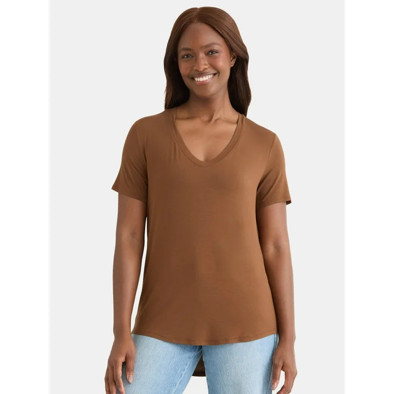 Time and Tru Women's V-Neck Tunic Tee with Short Sleeves, Sizes XS-XXXL | Walmart (US)