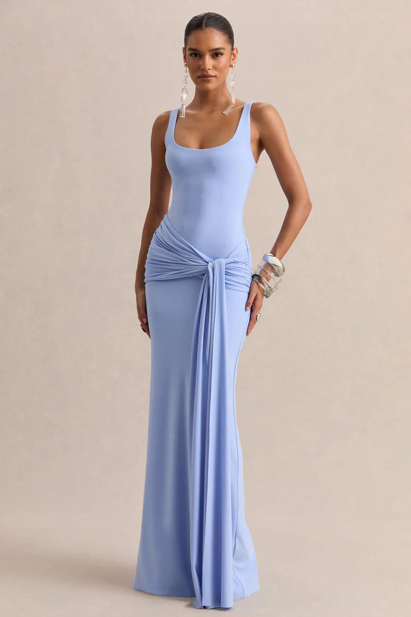 Lienna  Powder Blue Scoop-Neck Maxi Dress With Gathered-Detail And Sash | Club L London