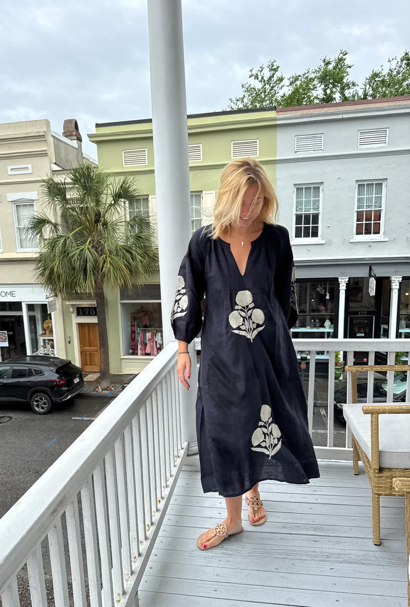 Sullivan Midi Dress Navy/Sand Milos Linen Embroidery | Madison Mathews