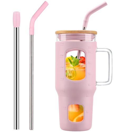 WINSA Glass Tumbler with Straw and Lid, 32 oz Glass Cup with Handle, Glass Water Bottles with Time Marker, 2 Straws - Pearl Straw & Drinking Straw Silicone Protective Sleeve-Pink | Amazon (US)