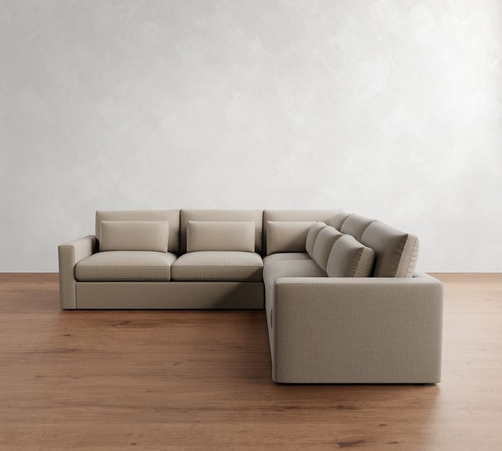 Westwood Square Arm Upholstered 3-Piece L-Shaped Corner Sectional, Down Blend Wrapped Cushions, Performance Midland Tweed Graphite | Pottery Barn (US)