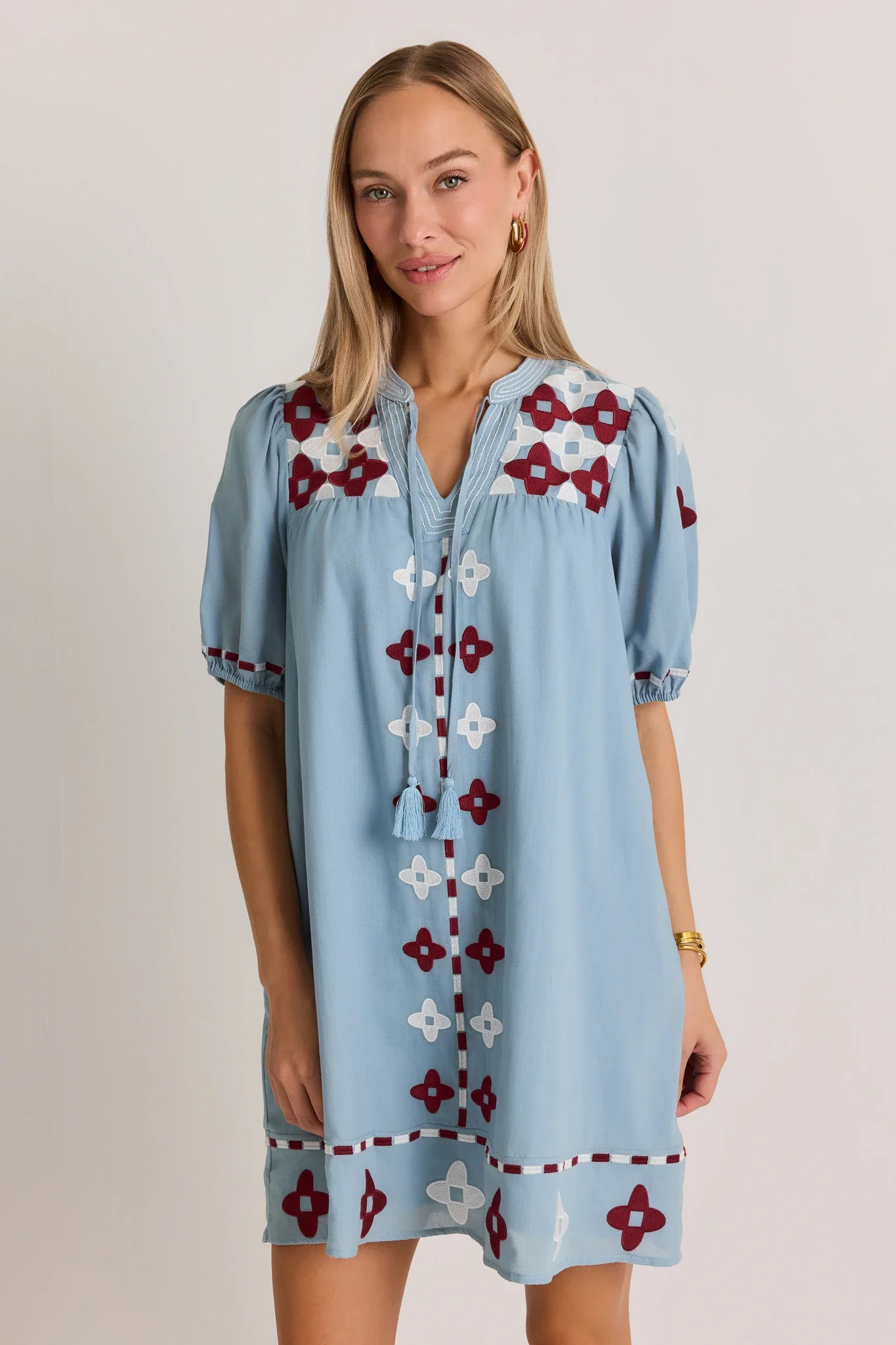 Blue Embroidered Tassel Detail Short Dress | Avara