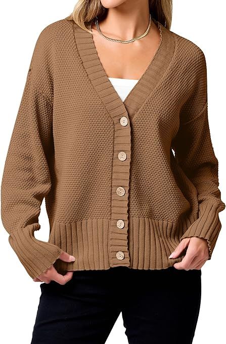 Caracilia Cardigan Sweater for Women Oversized Loose Fit Long Sleeve Button Waffle Knit Coat Outw... | Amazon (US)