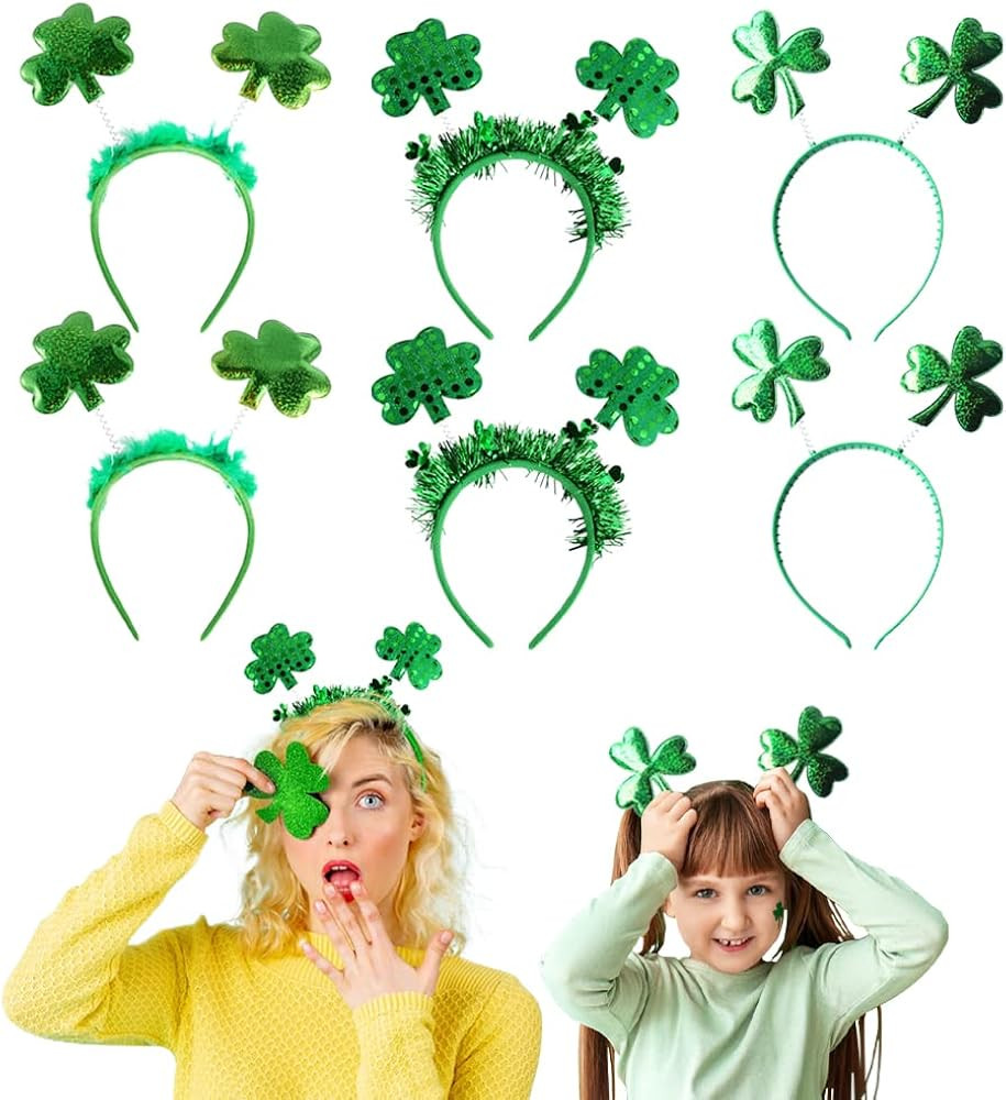 UMEELR 6Pcs St. Patrick's Day Headbands Set, Shamrock Head Boppers Hats Green Sequined Shamrock H... | Amazon (US)