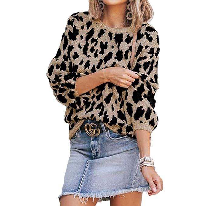 MOLFROA Womens Winter Long Sleeve Leopard Print Knits Loose Crew Neck Sweaters | Amazon (US)