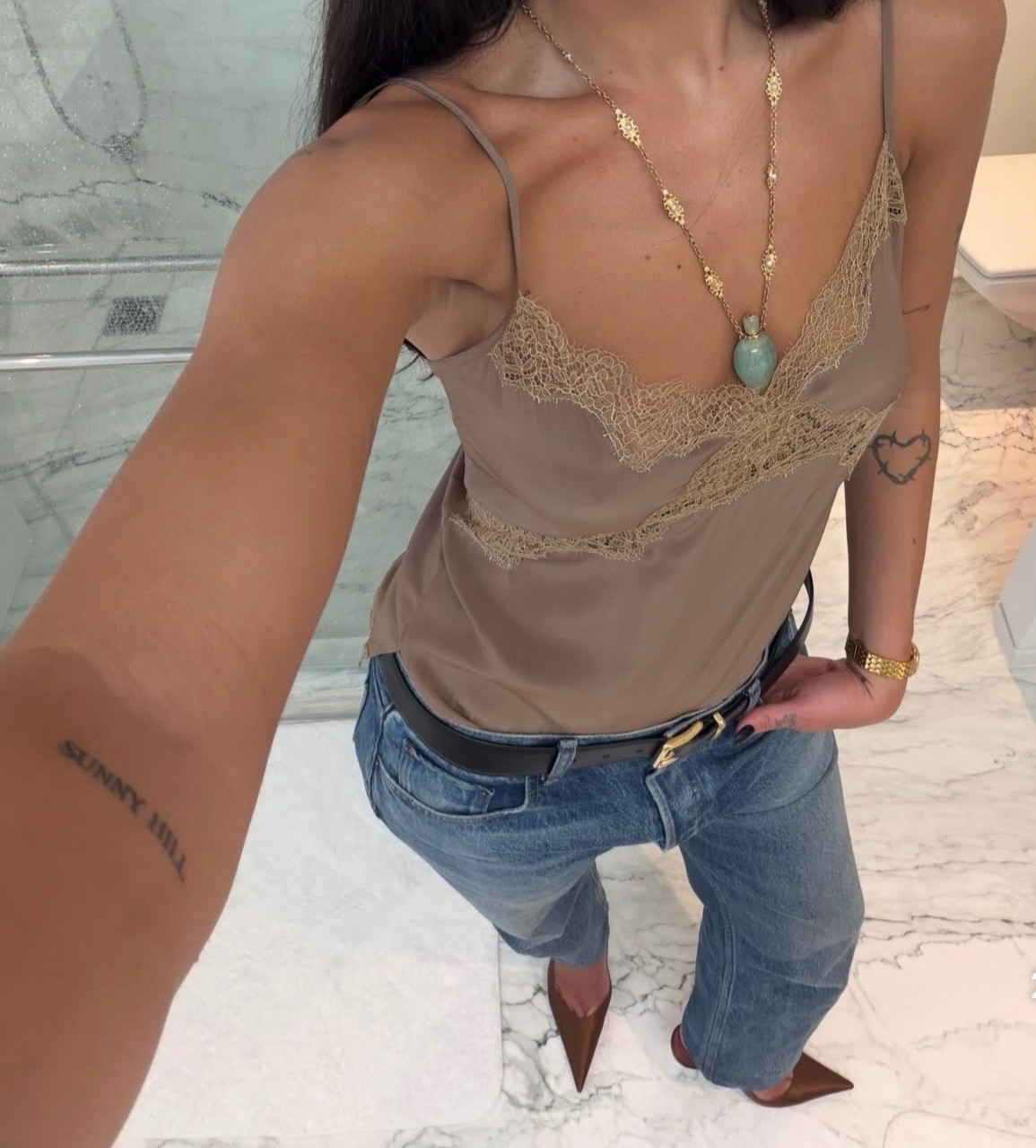 Dua Lipa Electric Lady Studios Lace Shirt  Satin Anok Slingback Pumps boyfriend jeans ￼