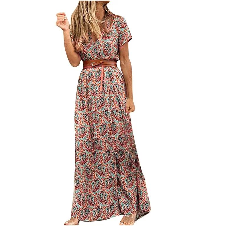 HTNBO Summer Boho Maxi Dresses for Women 2022 Short Sleeve Casual Bohemian Printed Flowy Dress wi... | Walmart (US)