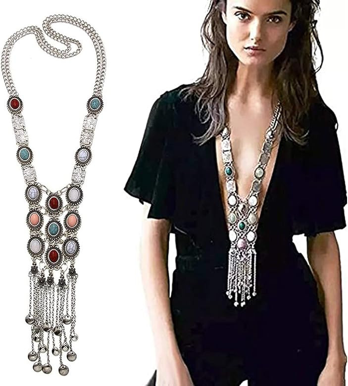 BOLERPE Turquoise Long Boho Bohemian Statement Ethnic Tribal Necklace for Women Vintage Retro Rhi... | Amazon (US)
