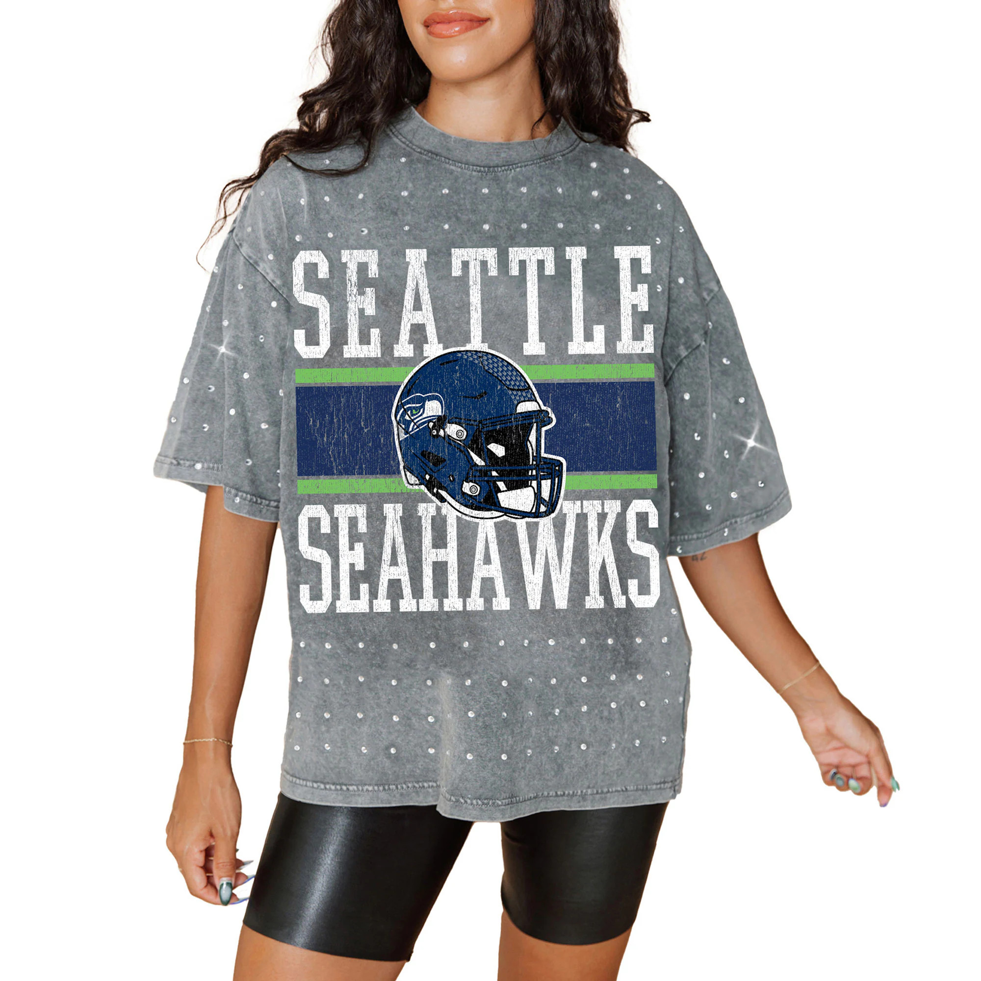 Seattle Seahawks Gameday Couture Women's Oversized Mini Rhinestone Classic T-Shirt - Gray | Fanatics