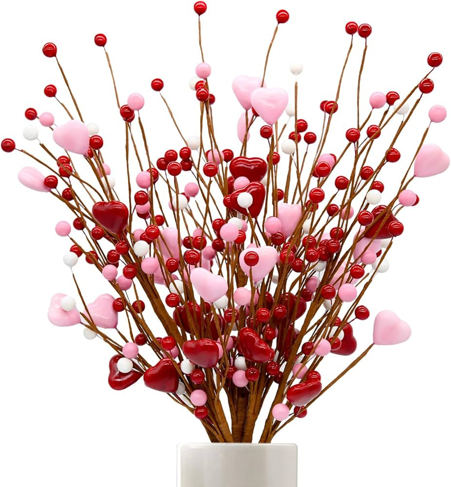 CRCZK 6 Pack Valentine's Day Heart Berry Stems Decor - 24Inch Artificial Red and Pink Heart Berry... | Amazon (US)