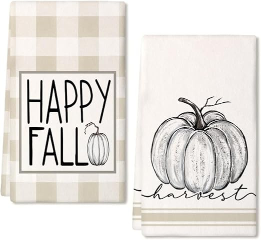 GEEORY Fall Kitchen Dish Towels Set of 2 for Fall Decor,Happy Fall Beige Plaid Printed Pumpkin 18... | Amazon (US)