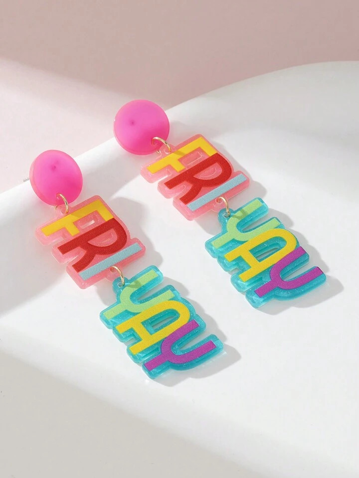 1pair Happy Friday Colorful Letter Shaped Pendant Earrings For Women | SHEIN