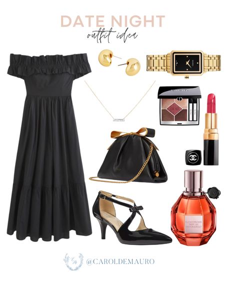 Make your date night special with this chic outfit idea: black midi dress, elegant heels, black purse, cute accessories, and more!
#petitestyle #capsulewardrobe #dinnerdate #springfashion

#LTKitbag #LTKSeasonal #LTKstyletip