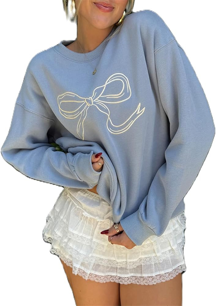 Women Cute Y2K Oversized Sweatshirt Long Sleeve Crewneck Bow Print Graphic Tees Fall Trendy Going... | Amazon (US)