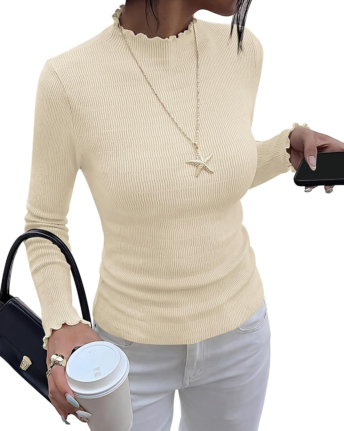 BTFBM Long Sleeve T Shirts for Women Ruffle Mock Neck Tops | Amazon (US)
