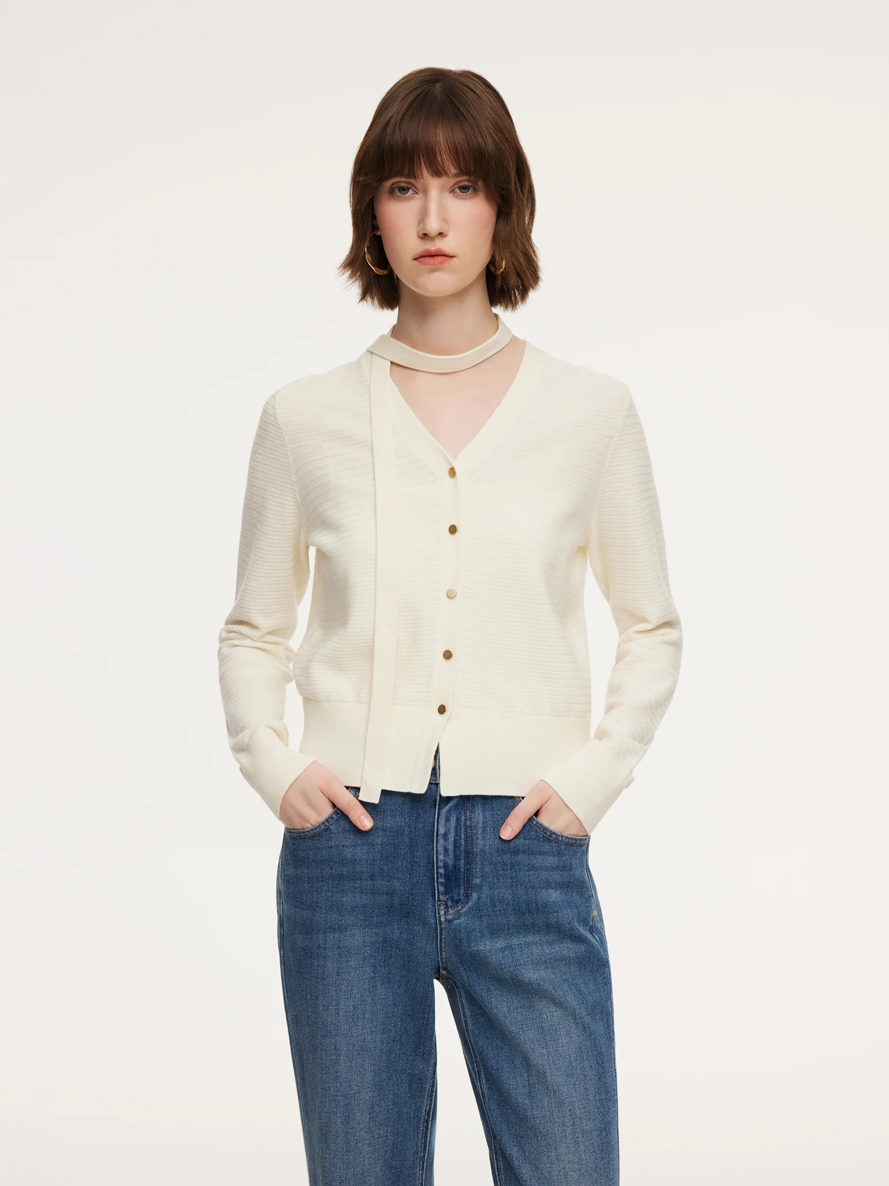 Tencel Wool Blend V-Neck Women Cardigan With Detachable Ribbon | GOELIA