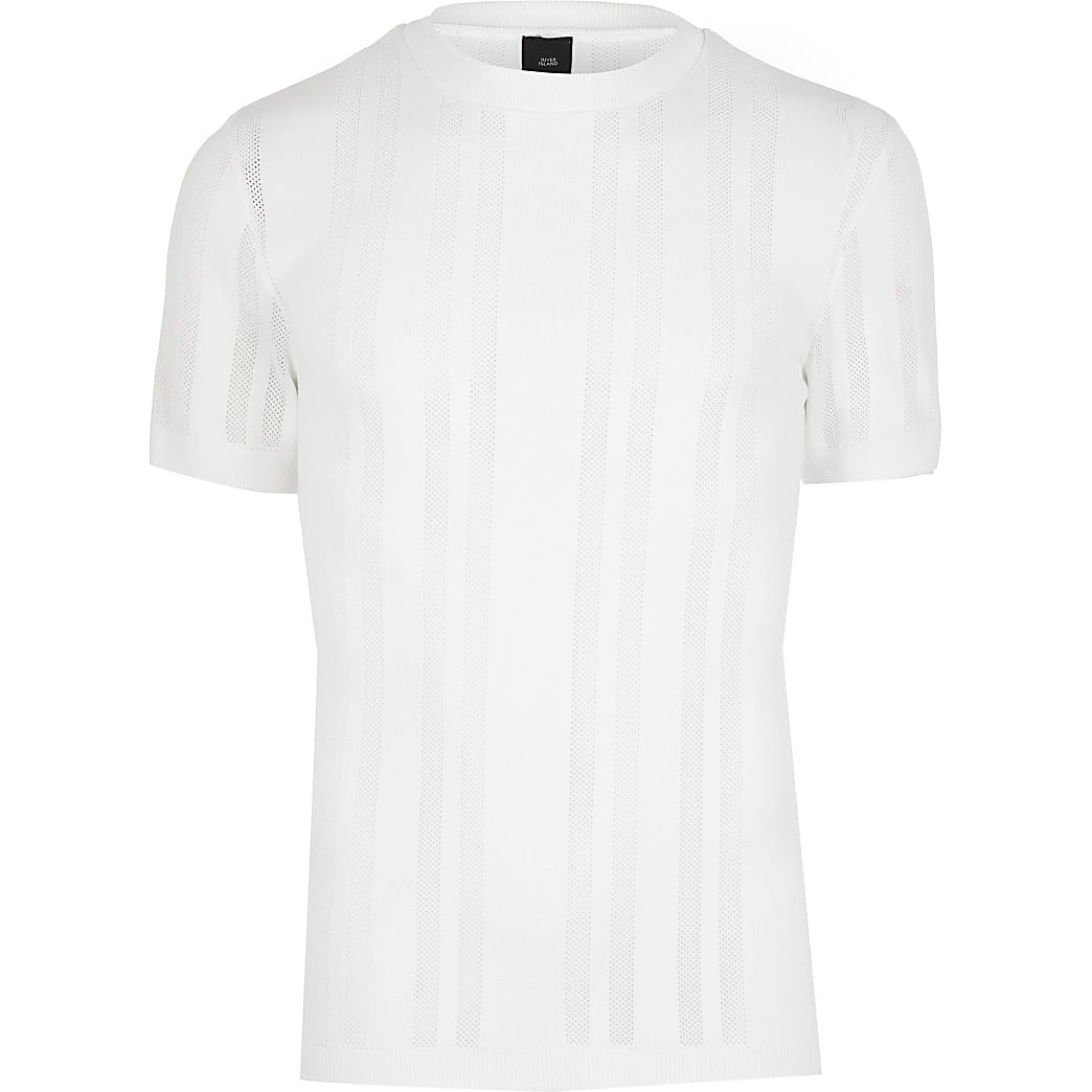 White slim fit pointelle knitted T-shirt | River Island (UK & IE)