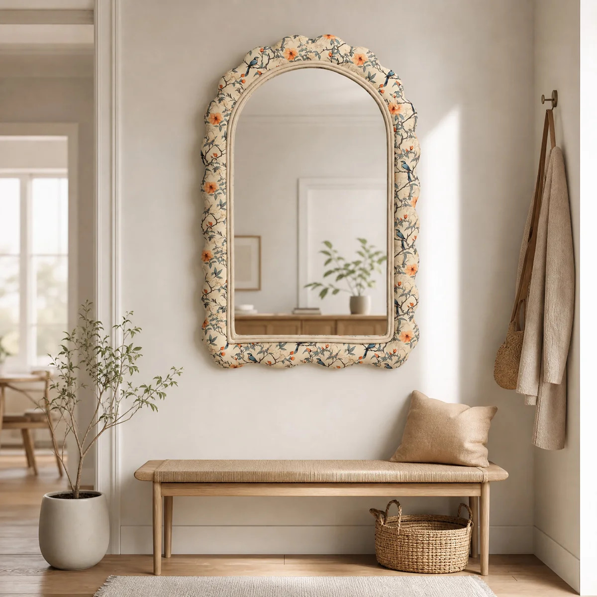 35.4" Floral Scalloped Upholstered Arched Wall Mirror | Wayfair North America