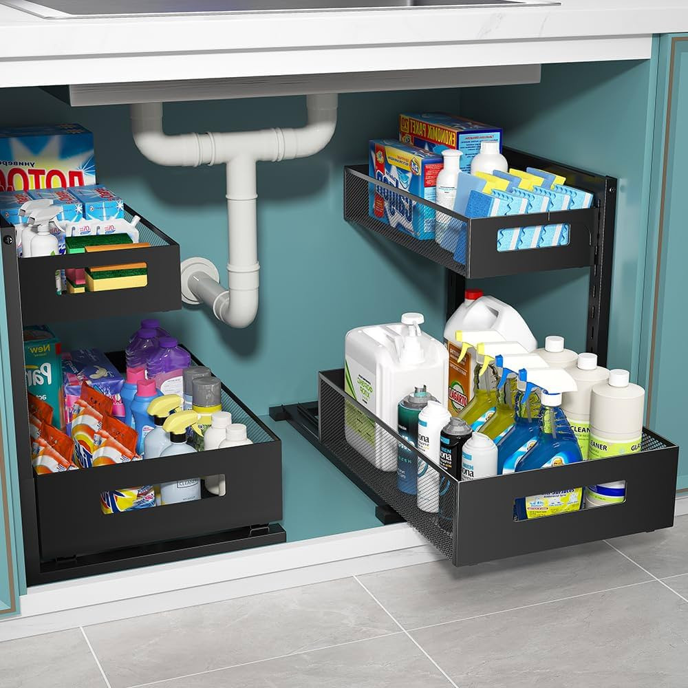 2 Pack Under Sink Organizer and Storage, Metal Under Kitchen Sink Organizer, Slide Out Bathroom O... | Amazon (US)