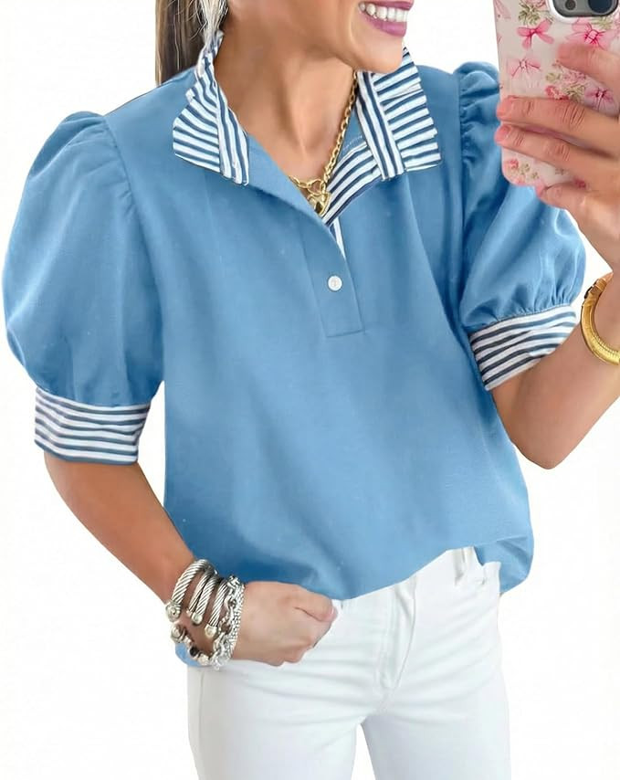 Cicy Bell Womens Summer V Neck Tops Striped Puff Sleeve Loose Polo Shirts | Ruffle Collar,Short S... | Amazon (US)