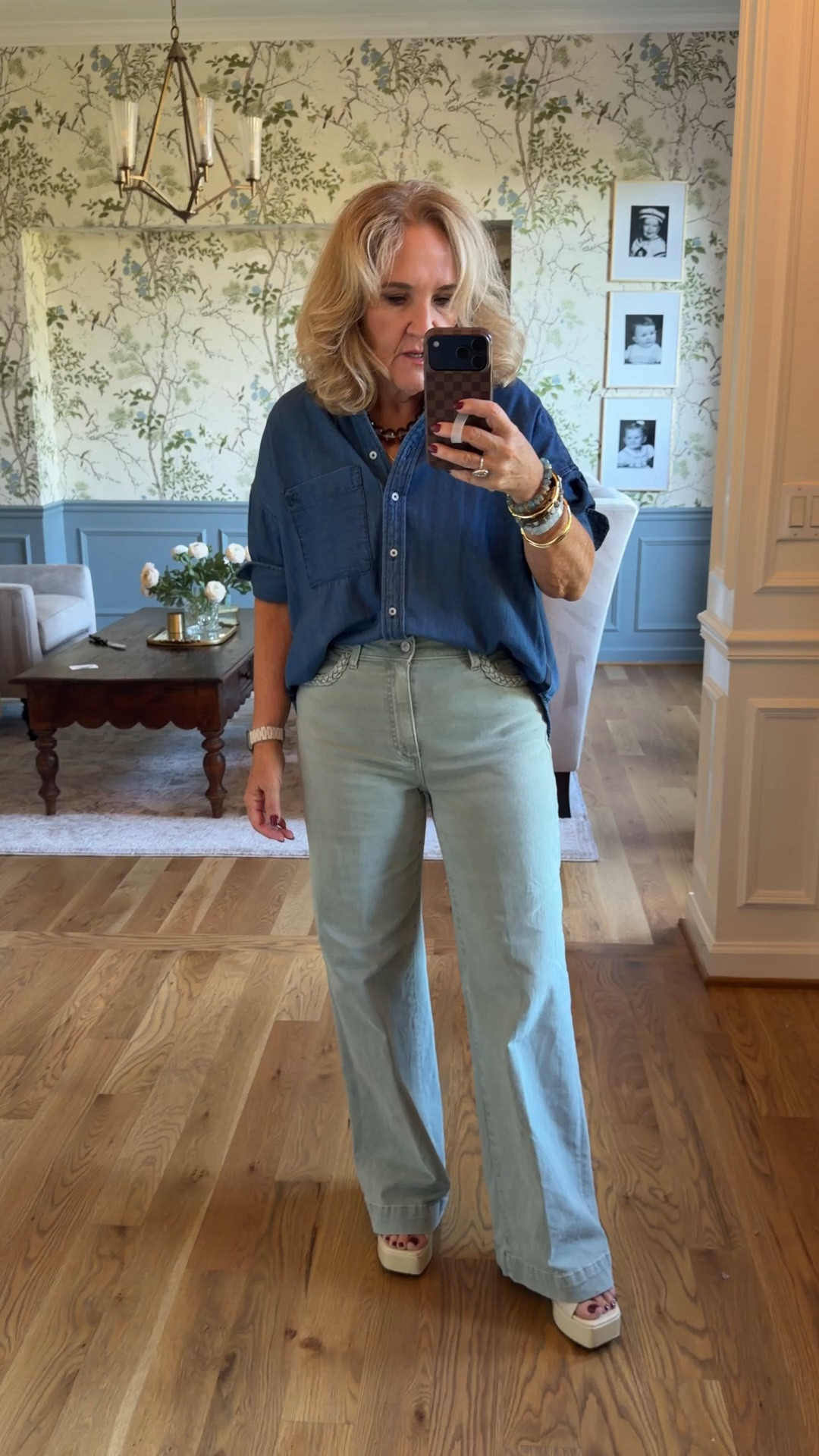 Found my jeans $100 off. I’m wearing a size 29 regular.
The denim shirt wearing size small this is a trending style for Anthropologie
And it’s 88° and so I’m wearing sandals again today
20% off my bracelet stack with code NANETTE20 it just launched today
