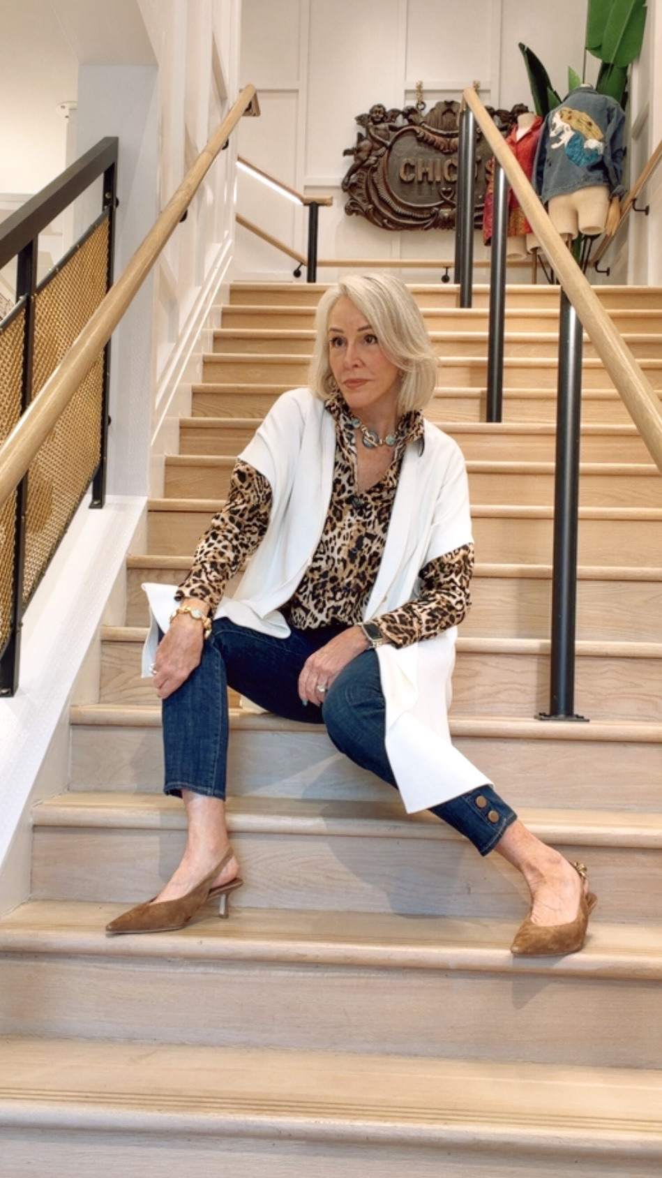 Loop button closure ruana with a long relaxed silhouette and 3/4 sleeves. Pairs beautifully with high-waisted, wide-leg pants or any ensemble your occasion calls for.

bestselling No Iron™ shirt showcasing radiant and beautiful hues in an animal print. This effortless style is ready to wear right out of the dryer (without the hassle of ironing). I wear a size 0 in Chico’s unique sizing. 5’7” 130 lbs
Chico’s fashion jewelry is the best for your $’s on the market 
Rag and Bone sure slog back shoes

#LTKOver40 #LTKWorkwear #LTKgrwm
