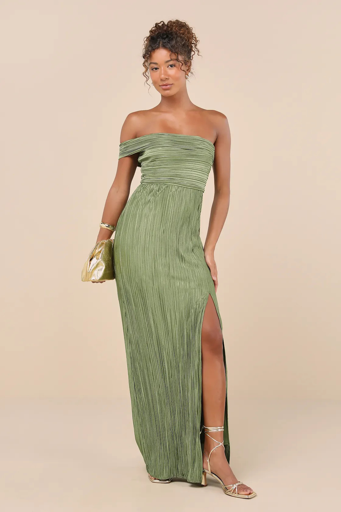 Poised Performance Olive Green Plisse One-Shoulder Maxi Dress | Lulus