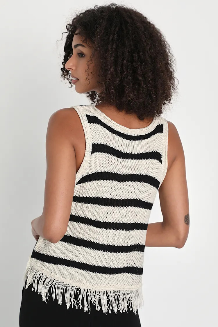 Fun Essence Ivory and Black Striped Loose Knit Fringe Tank Top | Lulus
