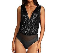 FAIABLE Sequin Tops Bodysuit for Women Sparkly Tops Sleeveless Tank Top Deep V Backless Sexy Body... | Amazon (US)