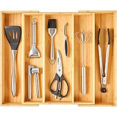 Expandable Kitchen Drawer Organizer, 2.5" High Bamboo Utensils Silverware Tray, Adjustable Large ... | Amazon (US)