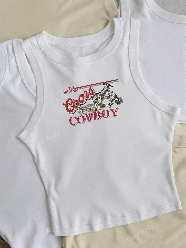 Women's 2025 Vacation Outing Strap Vintage Western Cowgirl Print Camisole, Versatile Casual Tank Top For Summer | SHEIN