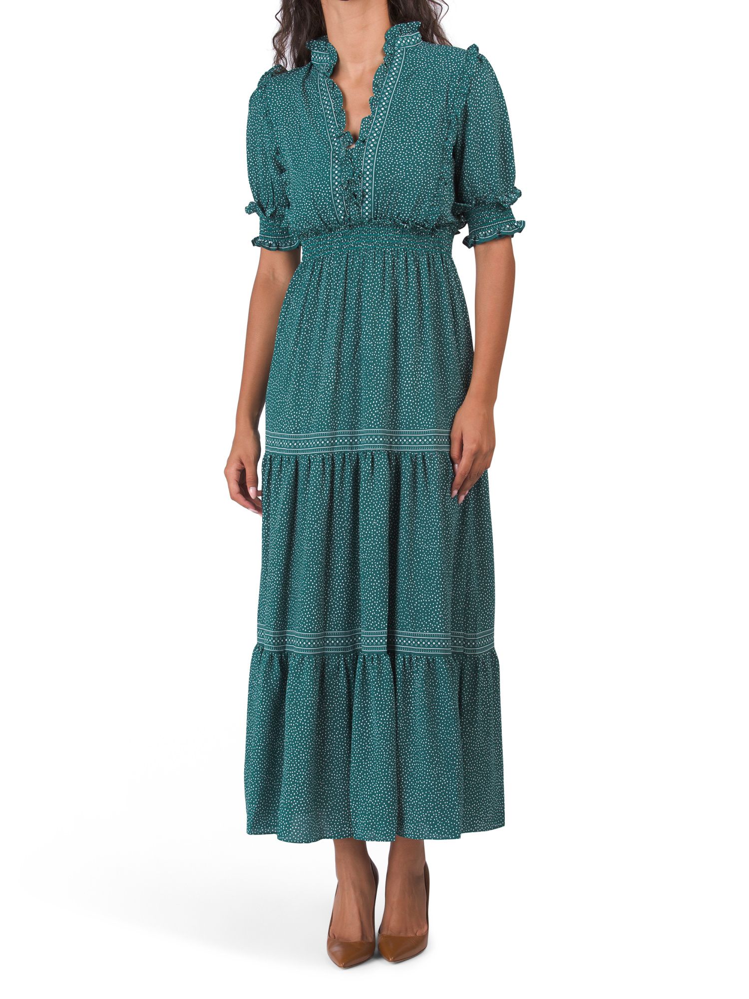 Elbow Sleeve Printed Tiered Bubble Crepe Maxi Dress | Day Dresses | Marshalls | Marshalls