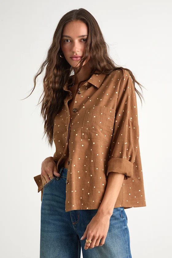 Amelia Dawn Brown Polka Dot Long Sleeve Button-Up Top | Lulus