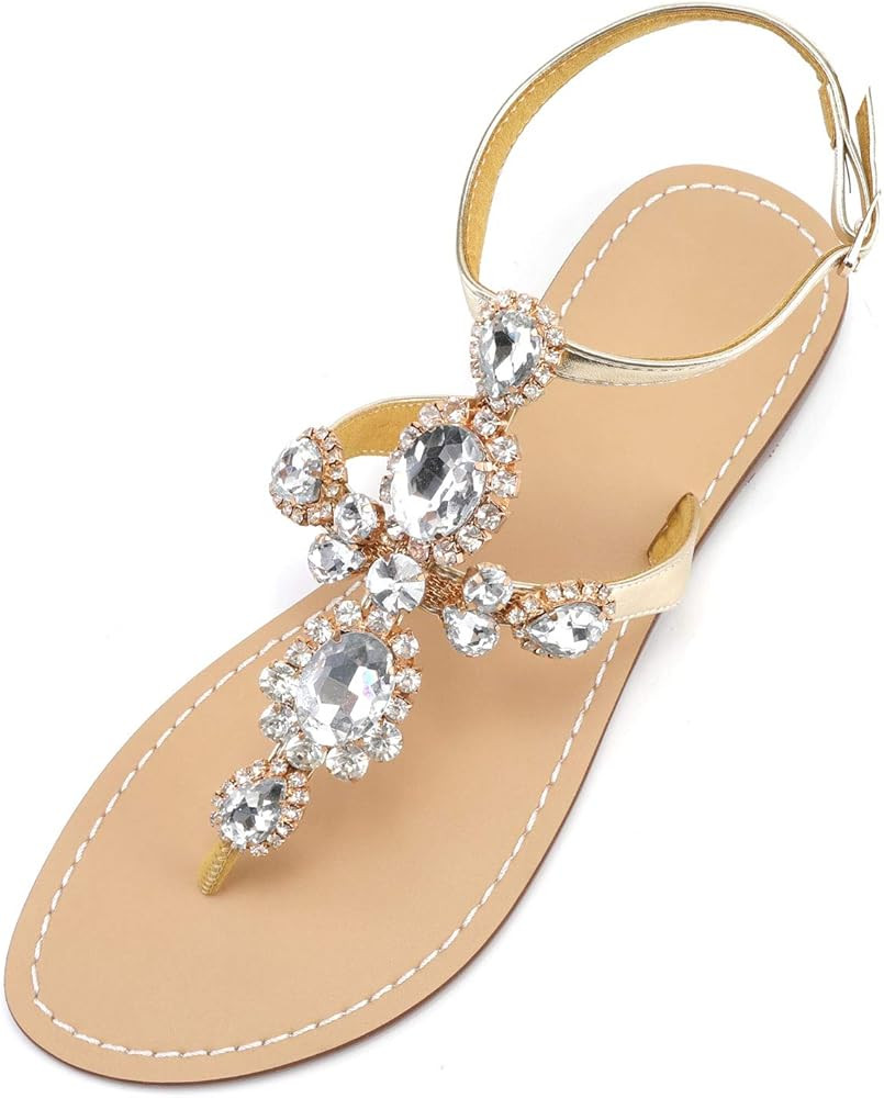 Women'S Rhinestone Gladiator Sandals Flat Wedding Sandals Gem Pearl Sparkling Bridal Bridesmaid Sand | Amazon (US)